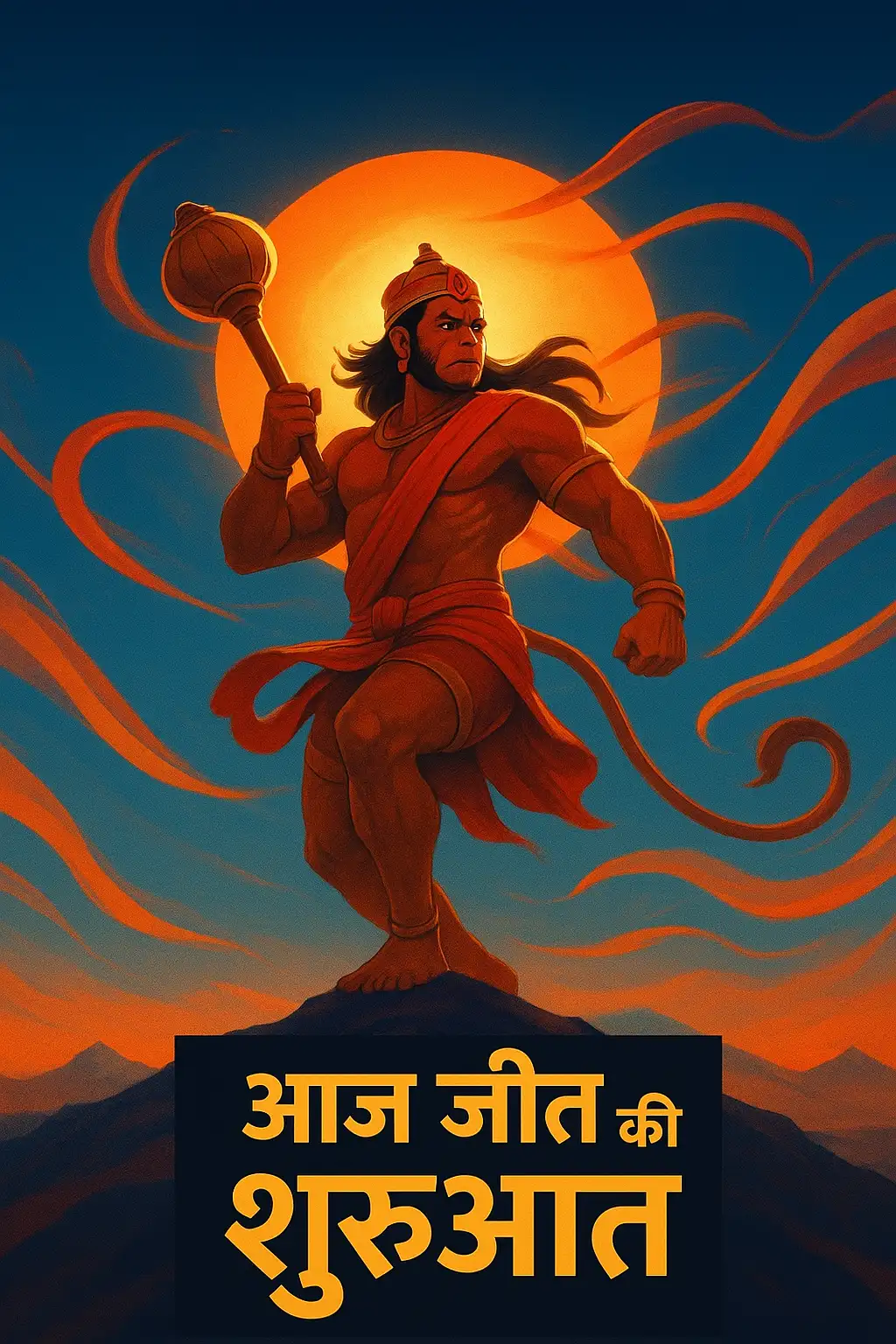 हनुमान के साथ पर्वत पर सूर्योदय और नीचे जीत का संदेश।