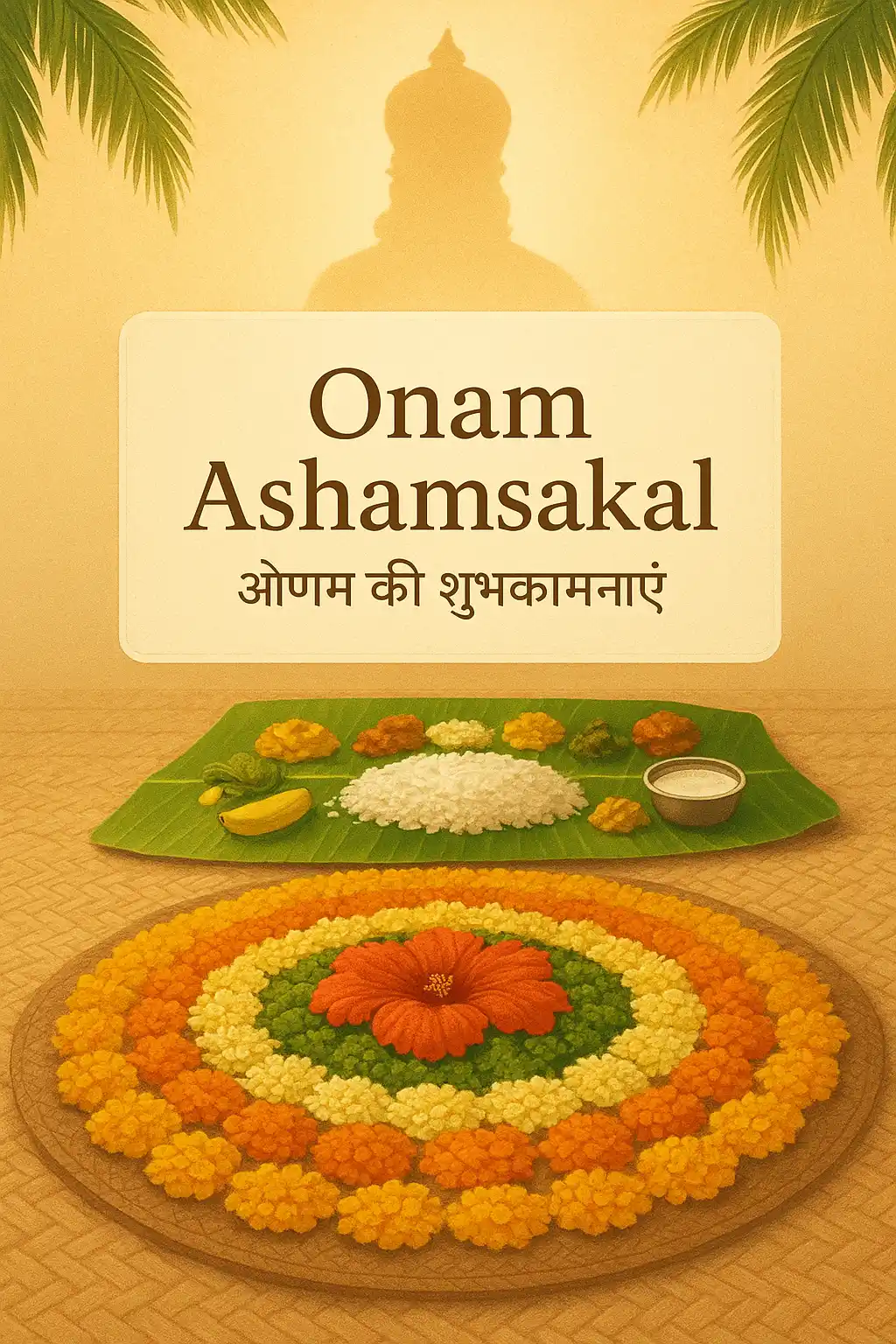 A grand pookkalam with sadya, coconut palms, and a gentle Mahabali presence for Onam.