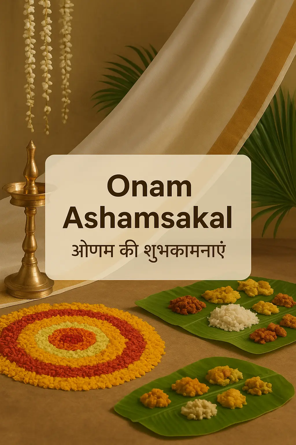 Kasavu saree, pookkalam, and sadya arranged in an elegant Onam greeting layout.