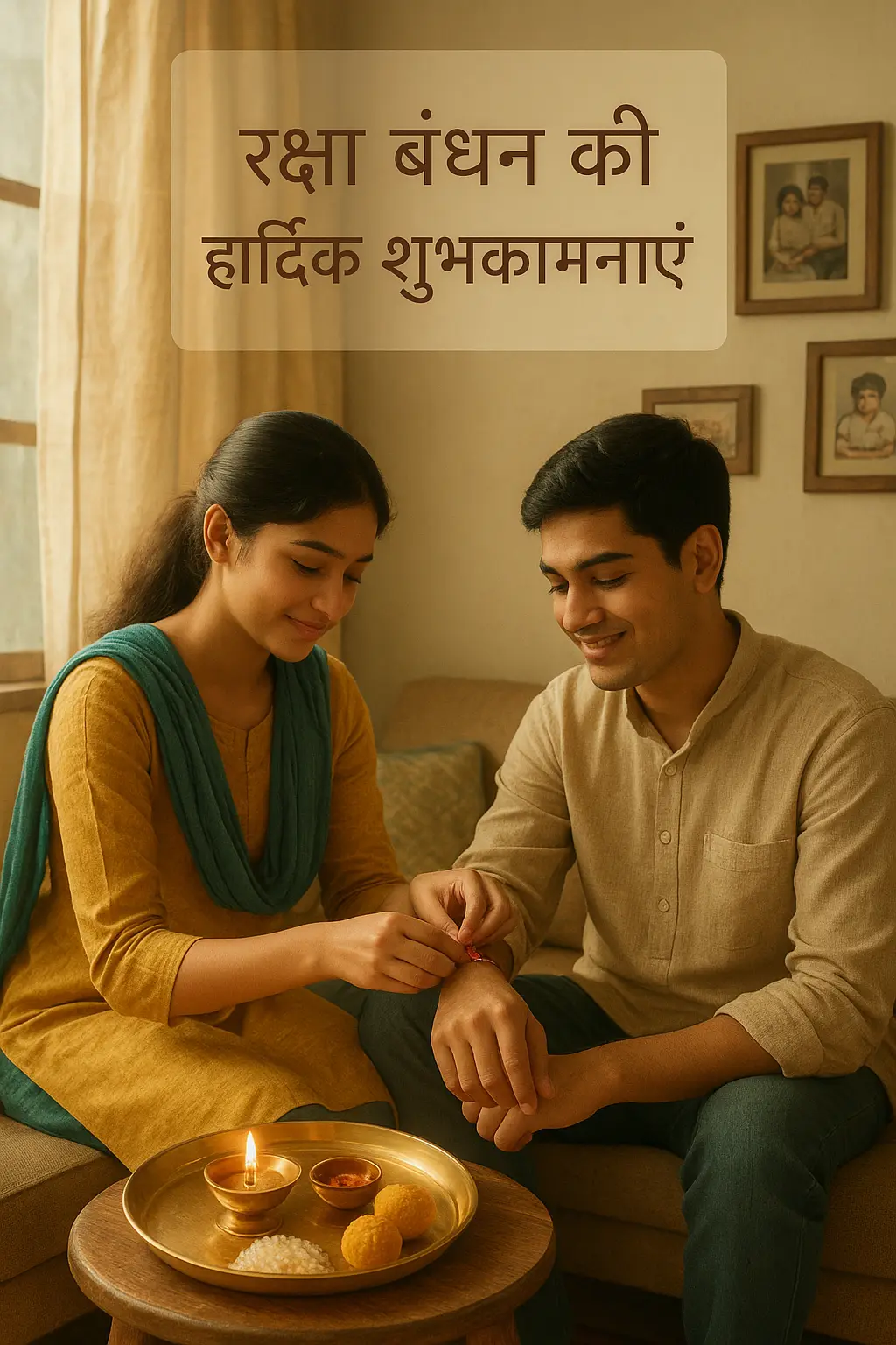 A sister tying rakhi on her brother’s wrist in a warm family living room with a thali, diya, sweets, and nostalgic photo frames.