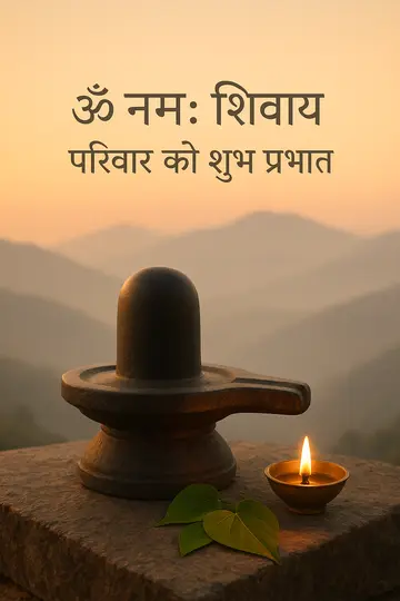 A warm Shiva shrine with bilva leaves, diya light, and a family morning blessing in Hindi.