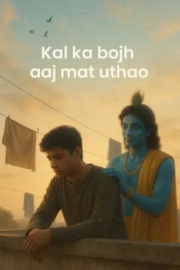 On a morning terrace, Krishna stands behind a thoughtful young person with a reassuring hand on the shoulder.