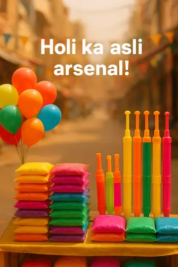 A colorful Holi market still life with gulal packets, pichkaris, and water balloons.