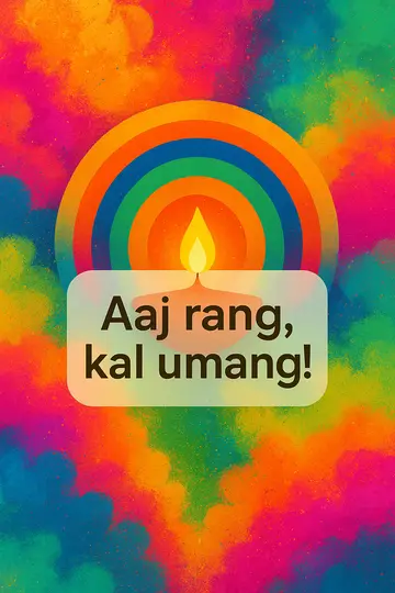 An abstract Holi design with rangoli-inspired arcs, gulal clouds, and a glowing diya-like center.