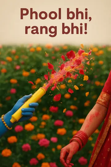 A close-up Holi scene with a pichkari spraying petals and gulal in a Braj flower garden.