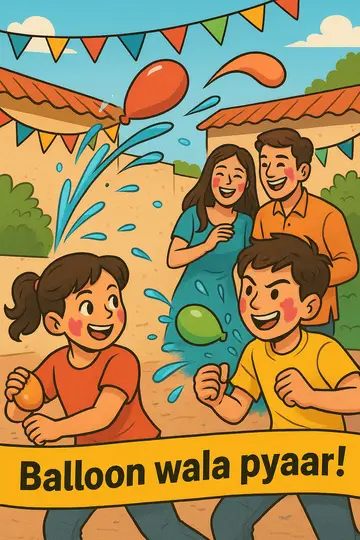 Laughing celebrants throwing water balloons and gulal in a colorful Holi courtyard.