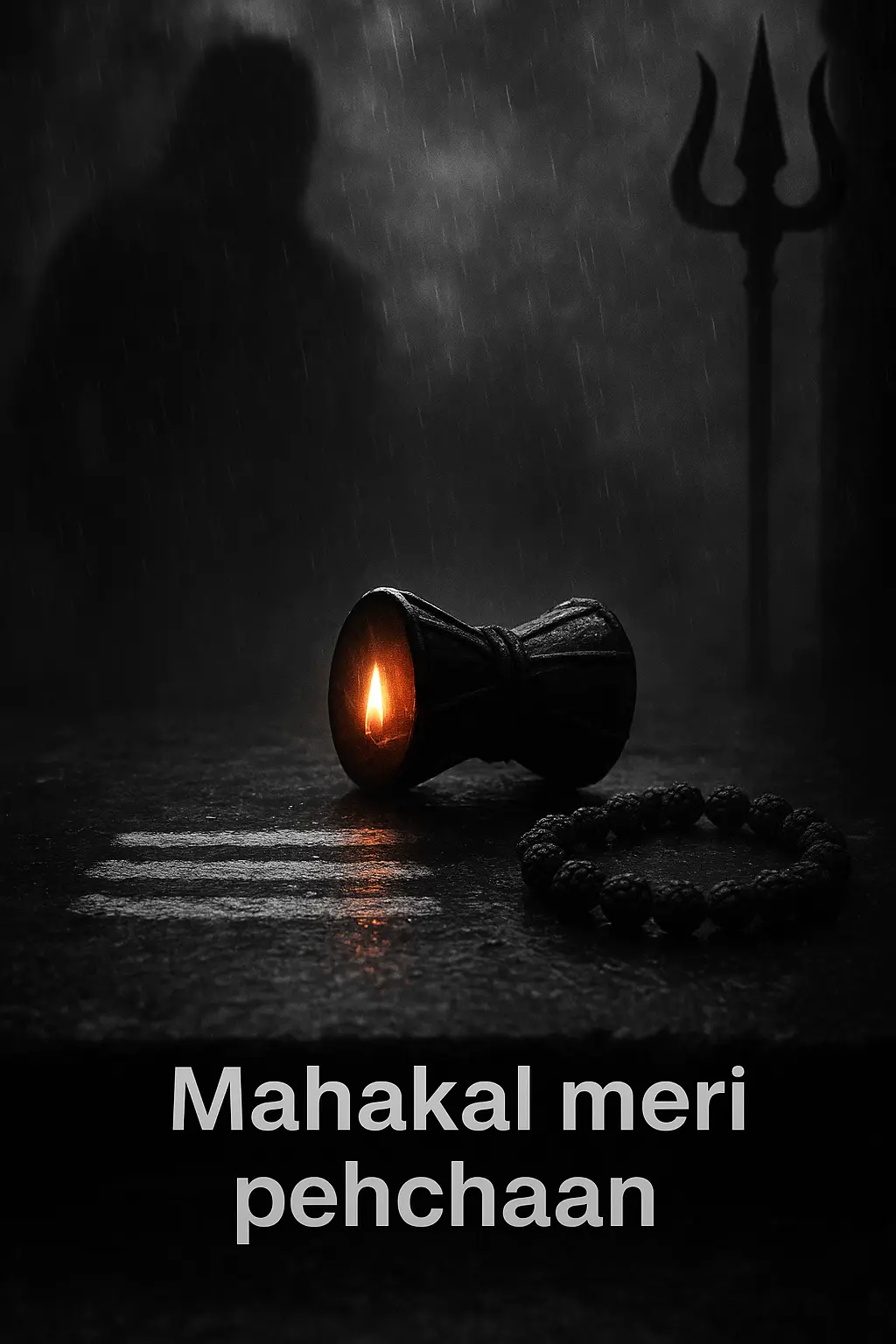 A damru and sacred ash at a temple threshold, with bold devotional text on a clean strip.