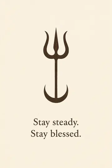 A minimal trishul and crescent moon on ivory paper with a short blessing line below.