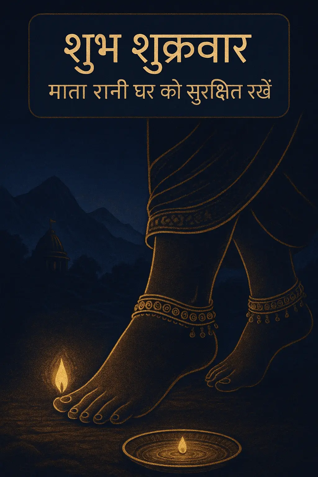 Gold line-art of divine footsteps and an aarti plate on a twilight mountain temple path, with a Hindi Friday blessing.